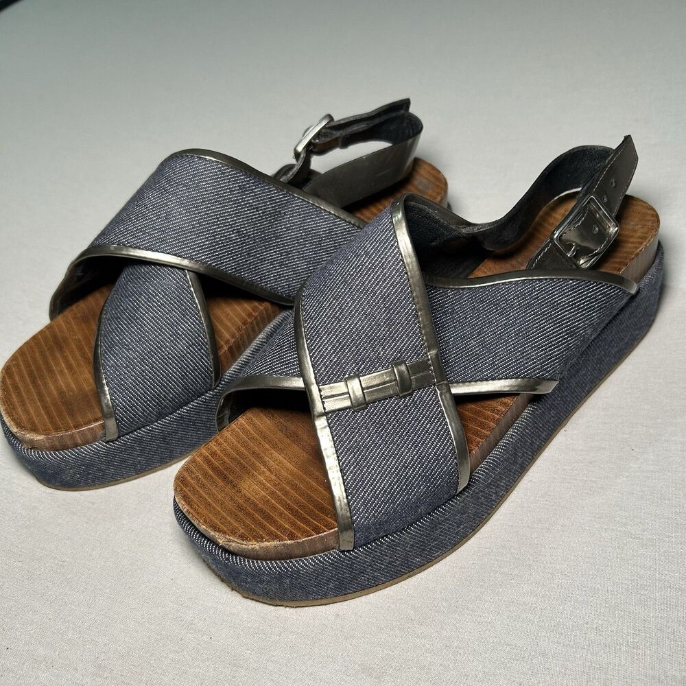 Alberto Fermani platform sandals 39/8.5, denim upper crossover straps, Italy